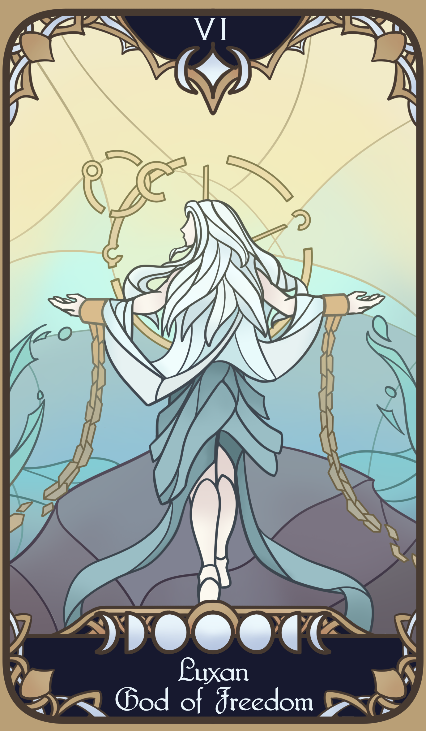 A tarot-inspired card for my homebrew D&D campaign, representing the god 'Luxan' of freedom.